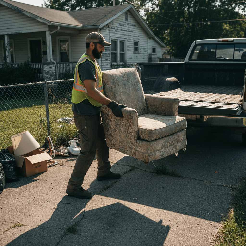 Furniture removal worker loading sofa into truck