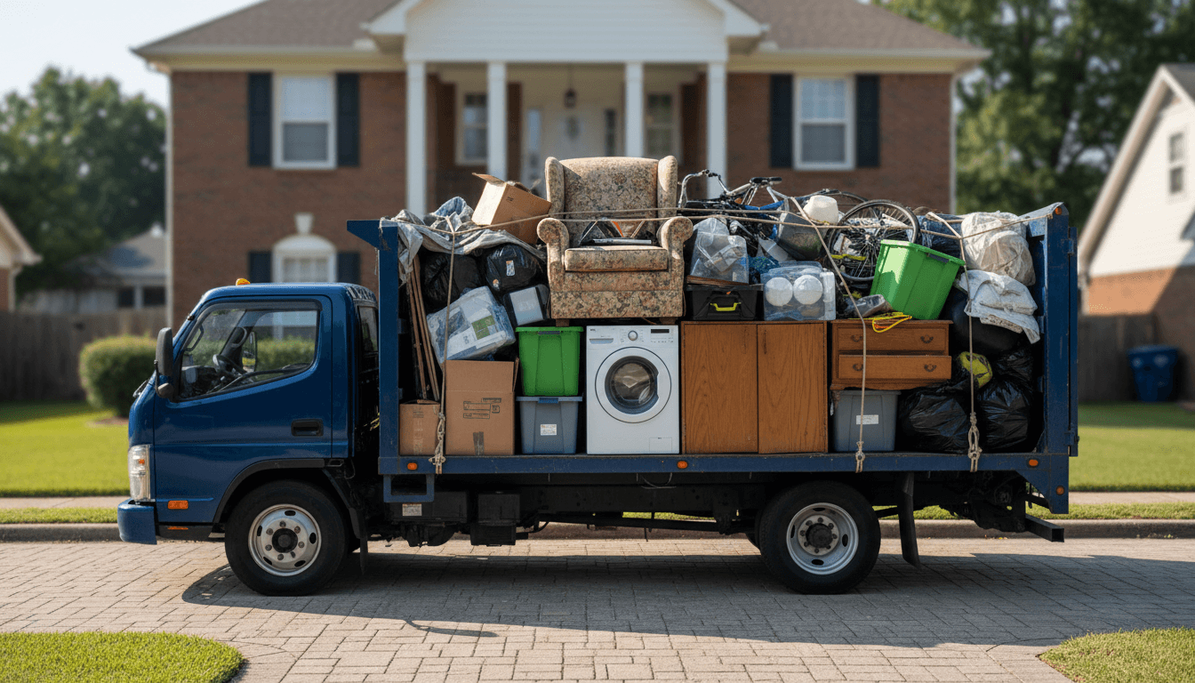 Fully loaded junk removal truck after service completion