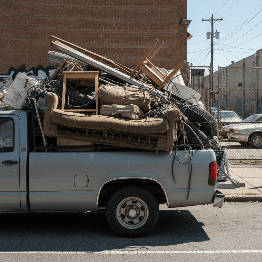 Fully loaded junk removal truck ready for haul away