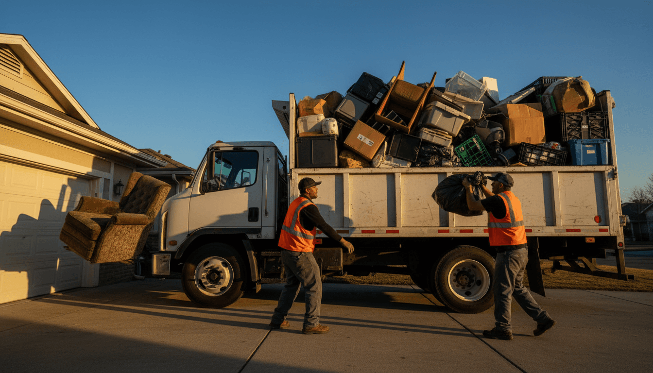Professional junk removal team loading a full truck with household items in Memphis