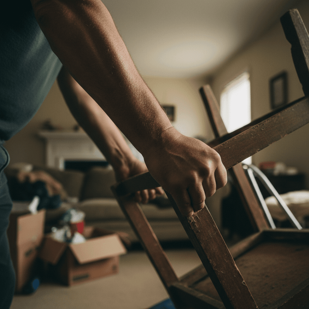Worker lifting old furniture during junk removal