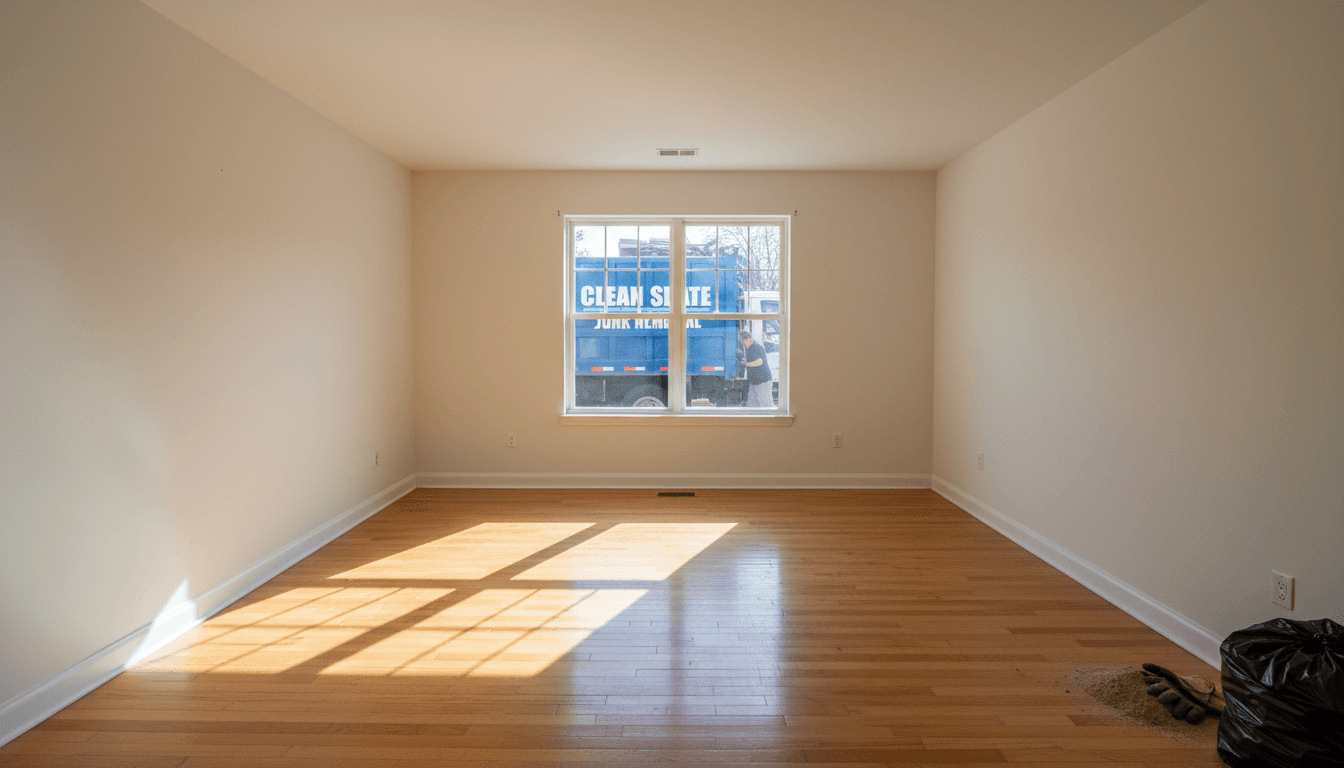 Empty cleared room with satisfied homeowner after junk removal service